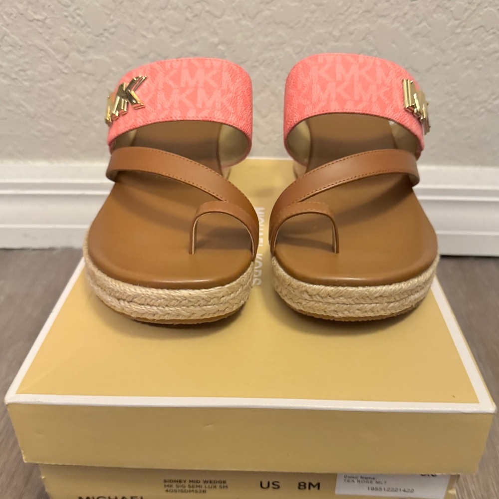 Michael Kors Logo Tea Rose Pink and Tan Espadrille Wedge Sandal